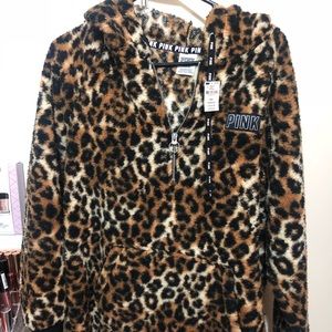Pink VS leopard cheetah Sherpa hoodie